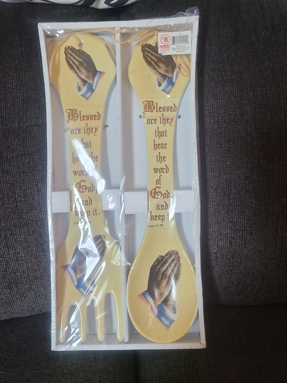 Decorative Praying Hands Wooden Spoon & Fork Set - Yellow